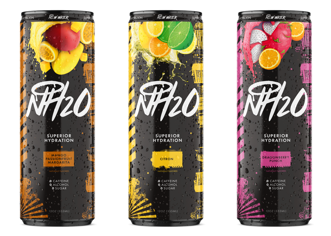A case of NH2O cans with black, pink, and citrus packaging