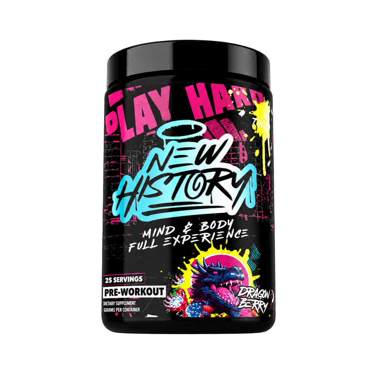New History pre workout front label with Jost typography
