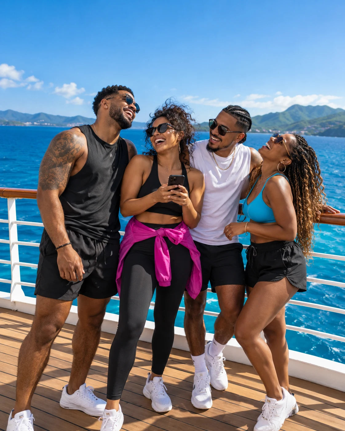 Four fitness friends enjoying a sunny getaway together by the Caribbean Sea