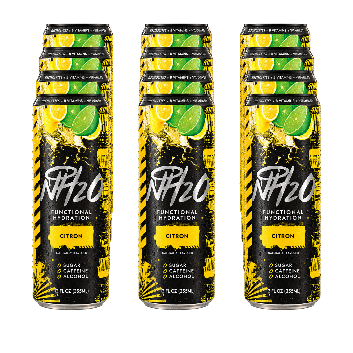 NH2O™ Citron 12-pack — twelve current-design slim cans, three across and four deep