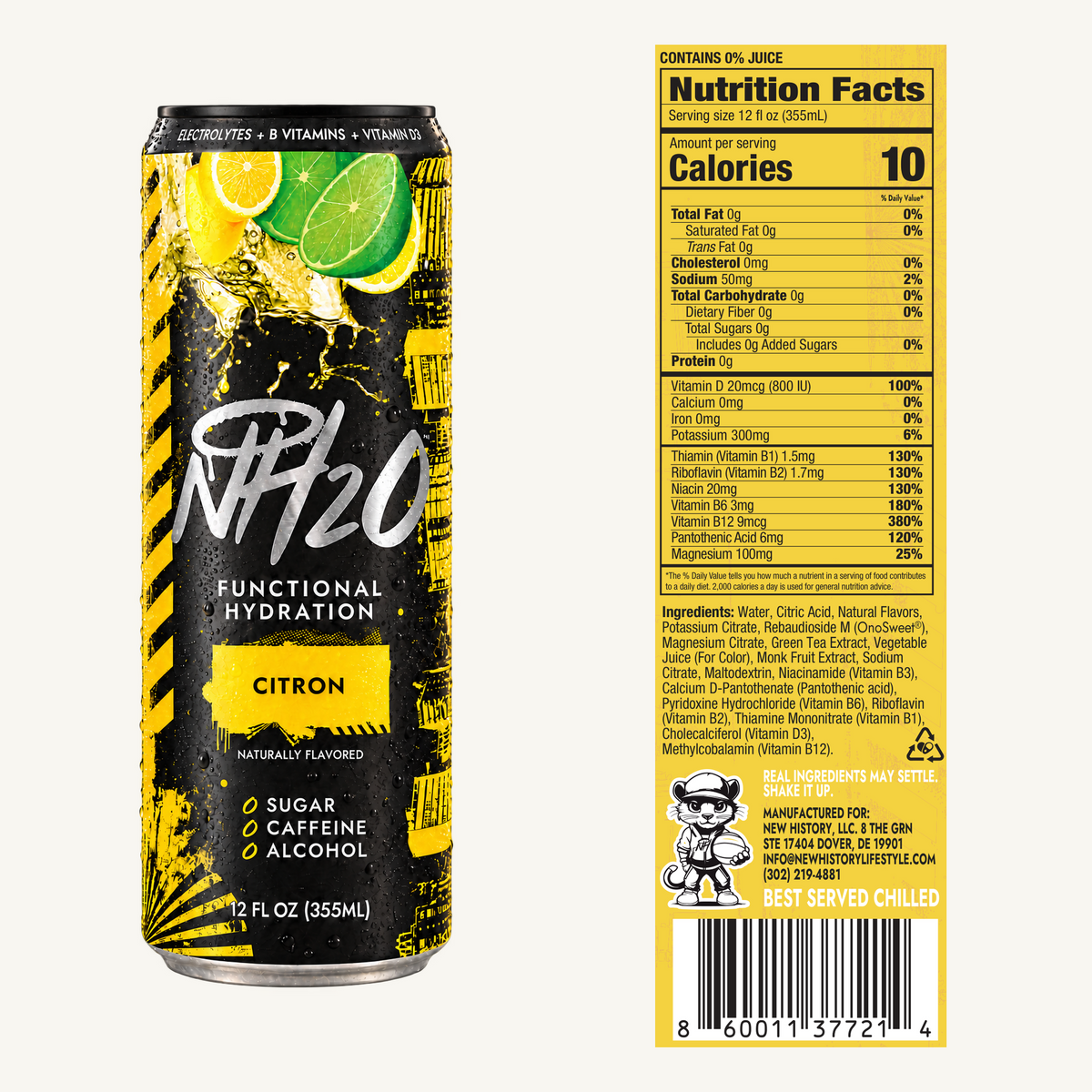 NH2O™ Citron — current can artwork with Nutrition Facts and ingredients copied from the October 15 approved label