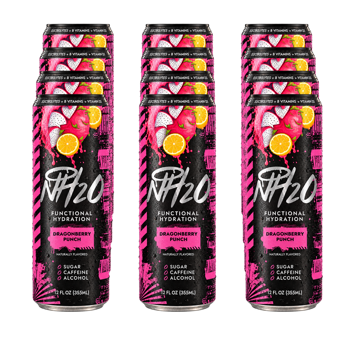 NH2O™ Dragonberry Punch 12-pack — twelve current-design slim cans, three across and four deep