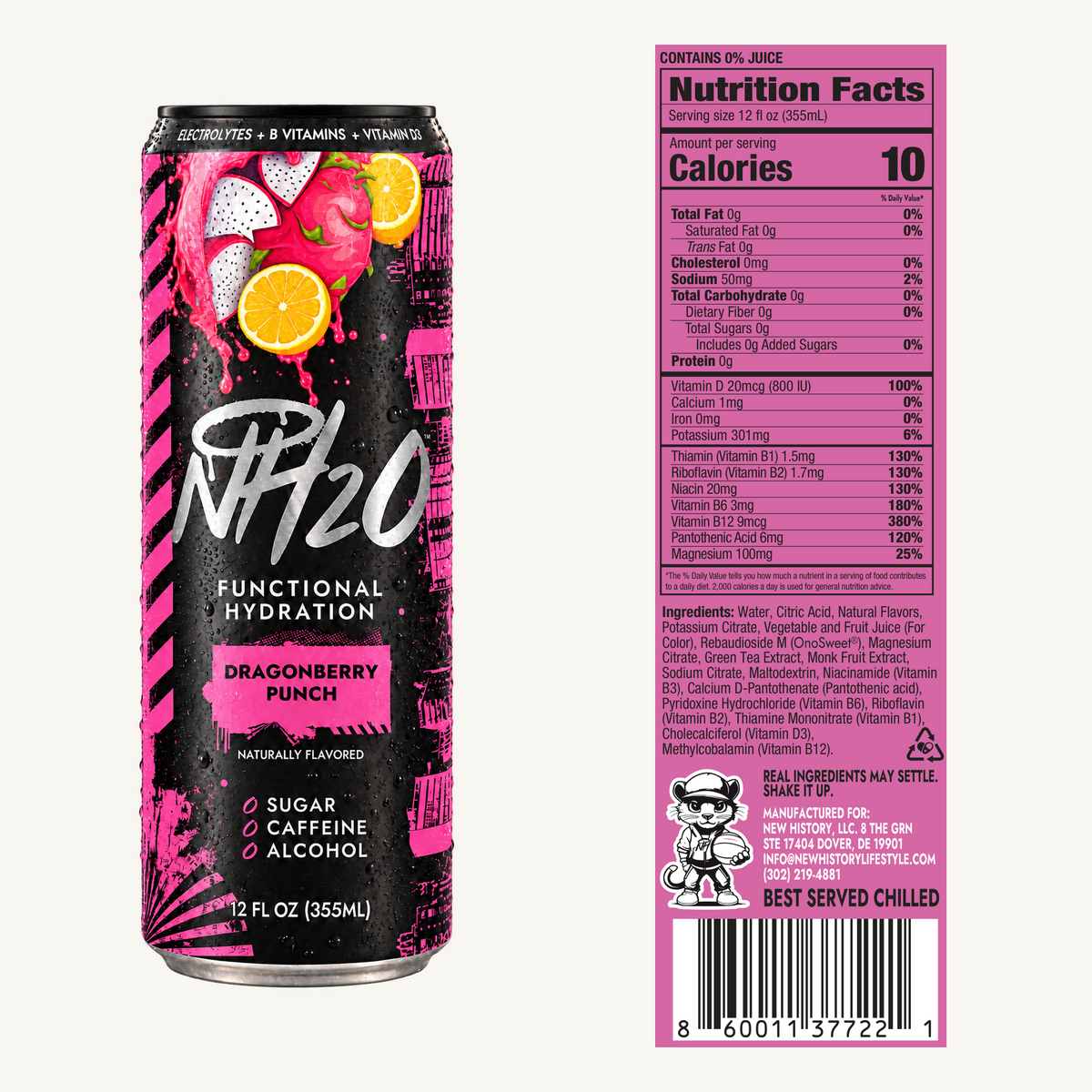 NH2O™ Dragonberry Punch — current can artwork with Nutrition Facts and ingredients copied from the October 15 approved label