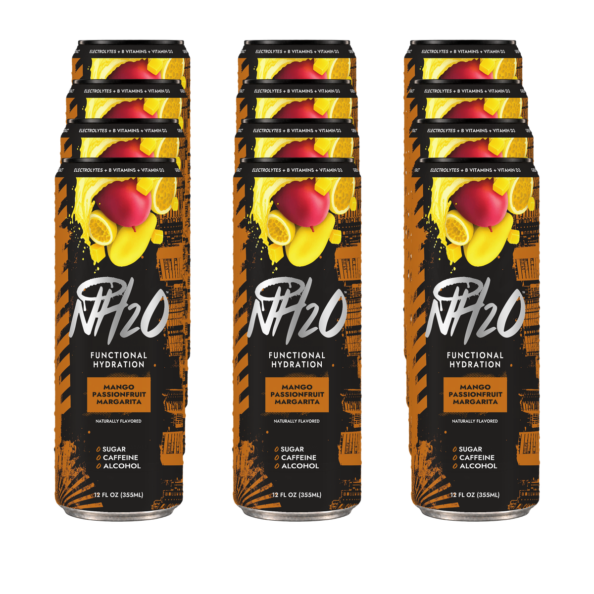 NH2O™ Mango Passionfruit Margarita 12-pack — twelve current-design slim cans, three across and four deep