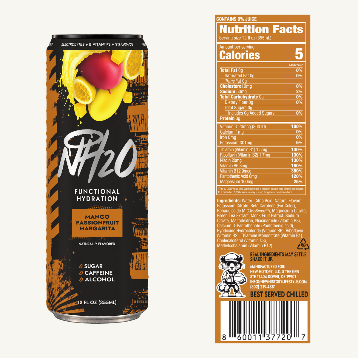 NH2O™ Mango Passionfruit Margarita — corrected can artwork with Nutrition Facts and ingredients copied from the October 15 approved label