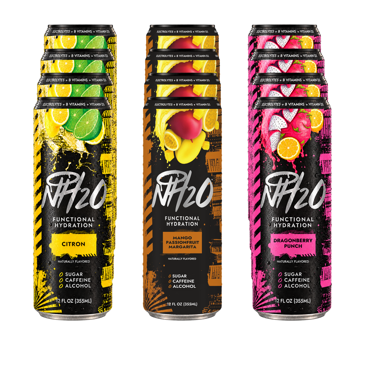 NH2O™ variety 12-pack — four Citron, four Mango Passionfruit Margarita and four Dragonberry Punch current-design cans