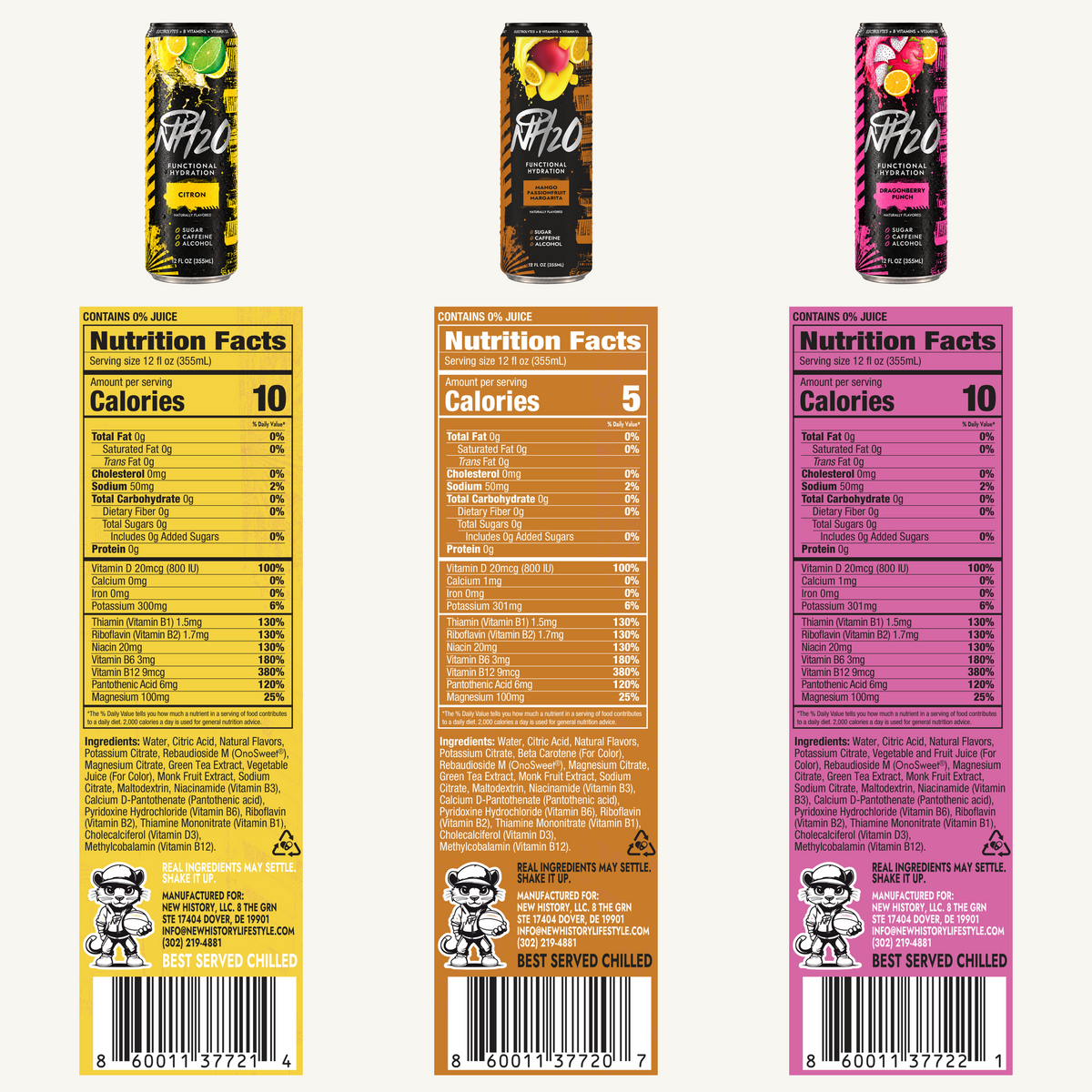 NH2O™ variety pack — current Citron, Mango Passionfruit Margarita and Dragonberry Punch cans with their individual approved label panels