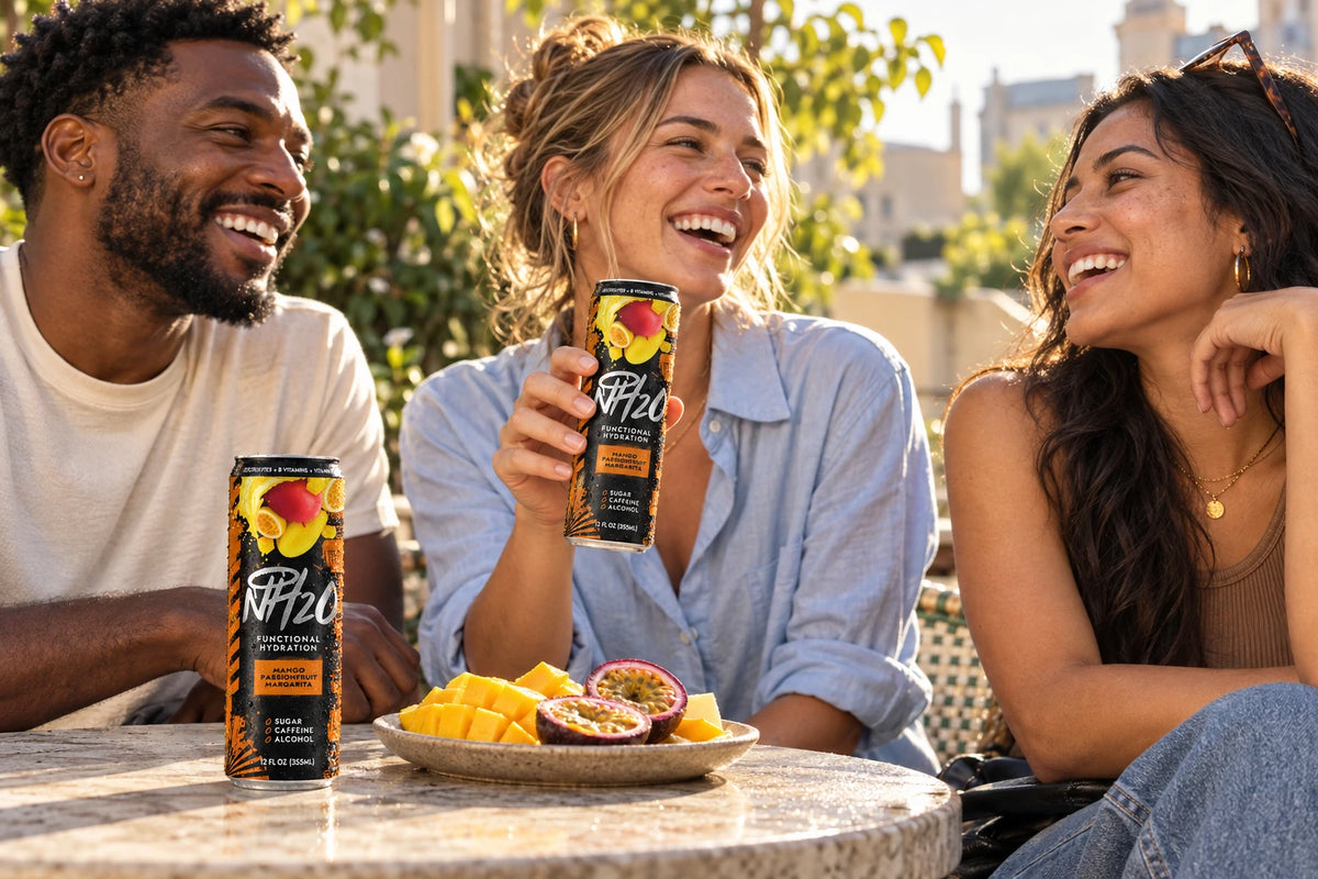 Friends enjoying an afternoon patio break with NH2O™ Mango Passionfruit Margarita