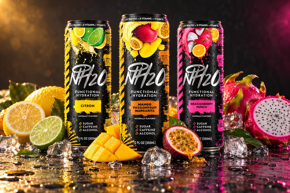 Three NH2O™ slim cans surrounded by mango, passionfruit, dragonfruit, lemon, lime and ice