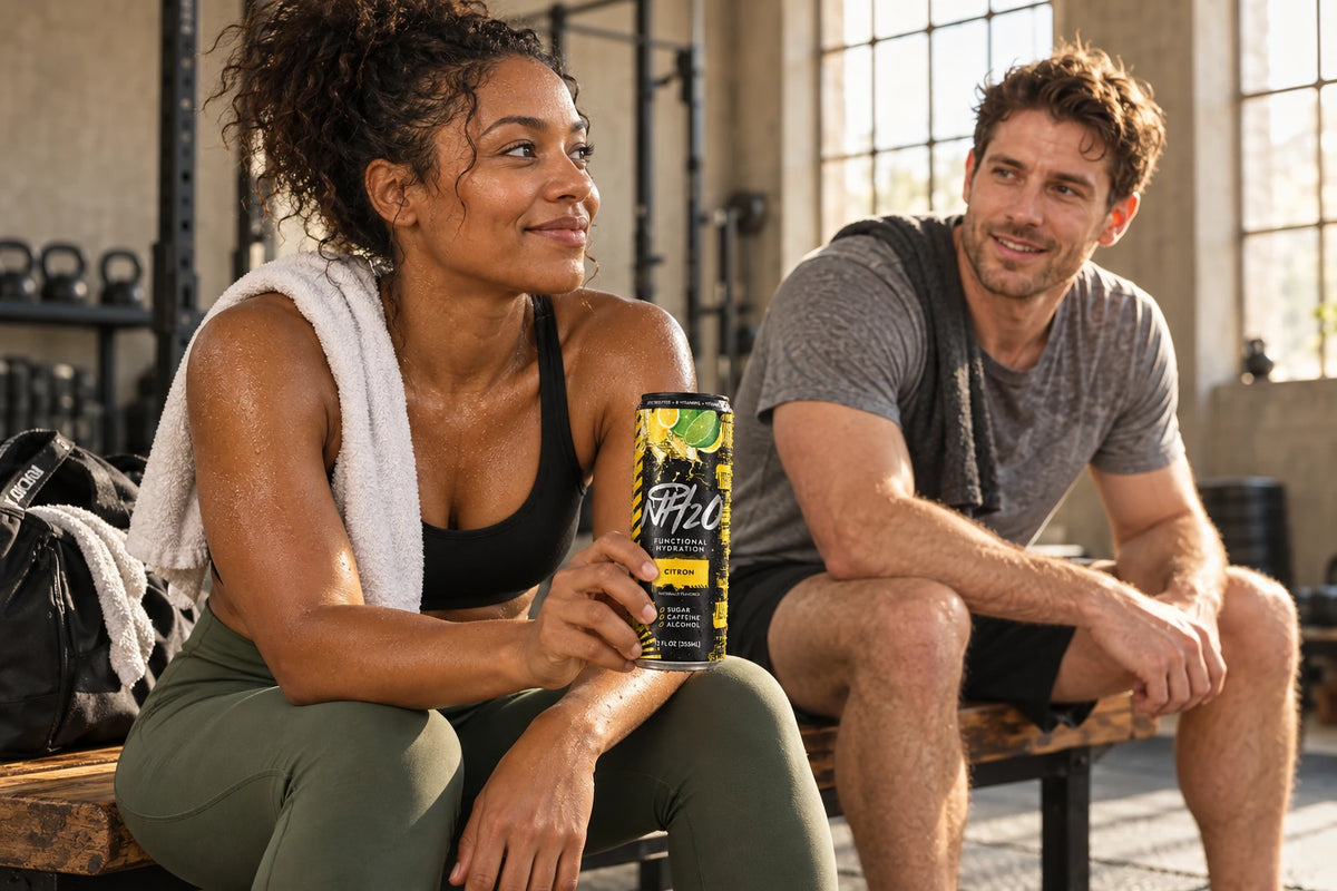 Two friends relaxing after a workout with a chilled NH2O™ Citron can