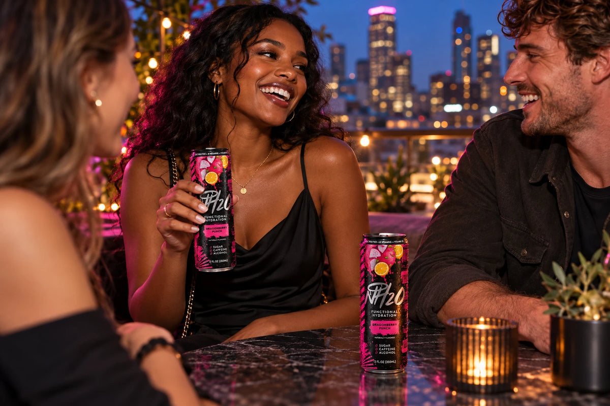 Friends sharing an evening on a rooftop with NH2O™ Dragonberry Punch