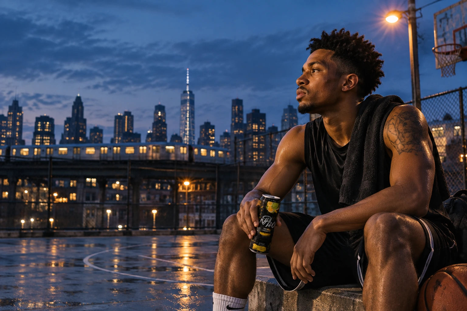 Athlete holding NH2O™ on a city rooftop basketball court at dusk