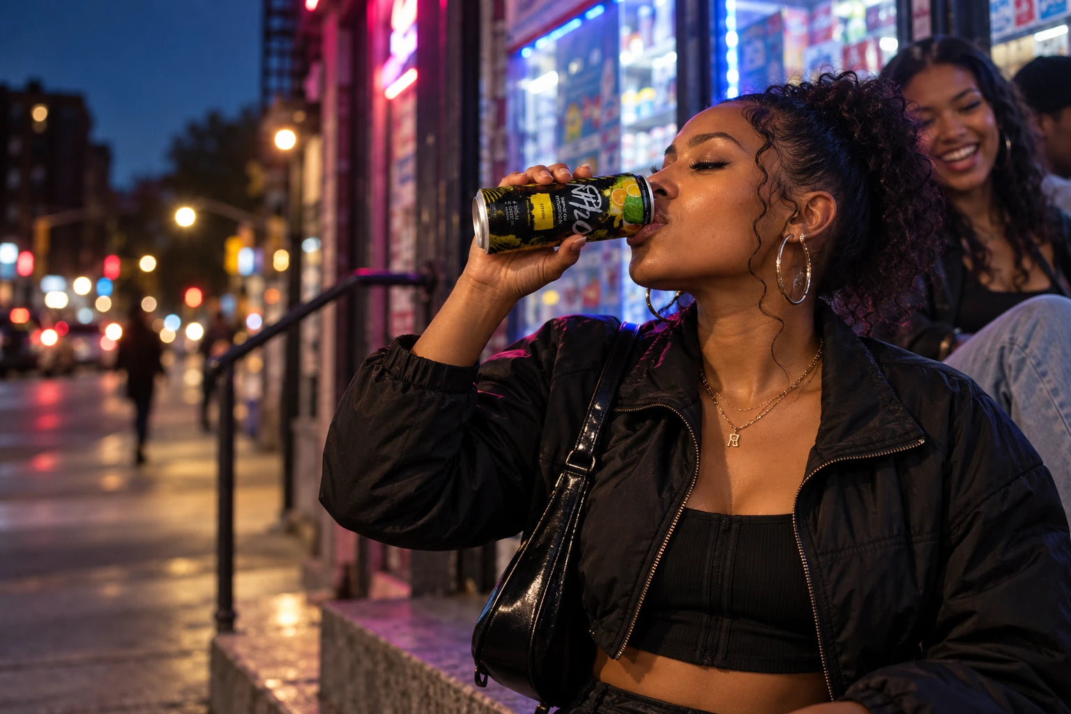 Young woman drinking NH2O™ outside a city corner store at night